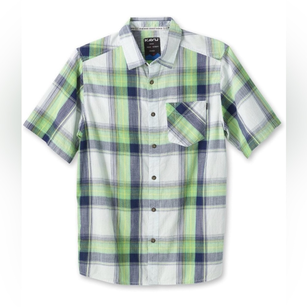 KAVU Solstice Short Sleeve Print Plaid Button Up Shirt Men Size S